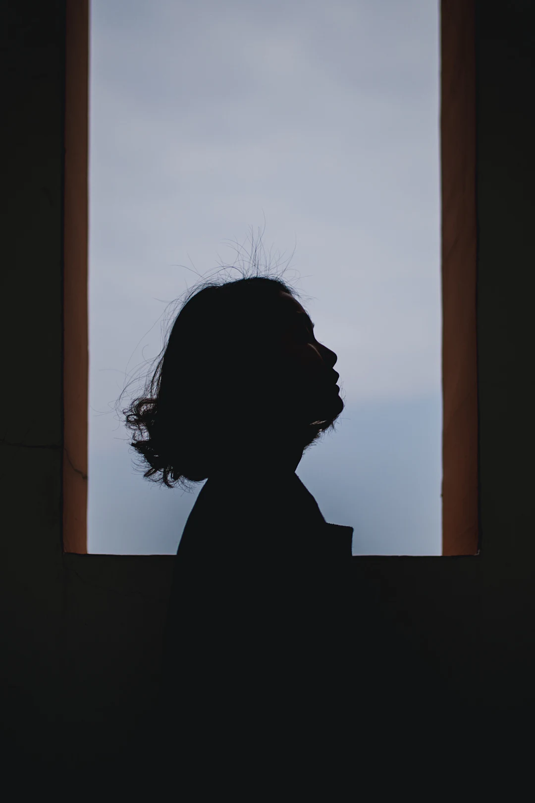 창가에 서서 밖을 바라보는 사람의 검은 실루엣
