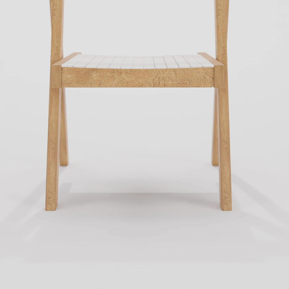 흰 배경 위 참나무 스툴의 좌판과 다리 접합부